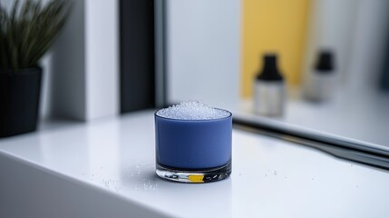 Small, round, purple container holding a pile of white granules.