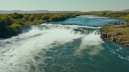 Majestic river cascading down a waterfall, surrounded by lush greenery