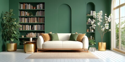 Modern living room with green walls, bookshelves, indoor plants, and a white sofa, styled with gold accents and natural light from large windows.