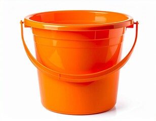 A vibrant orange plastic bucket with a handle, isolated against a bright white background. The clean design makes it suitable for various purposes