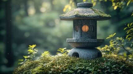 Serene stone lantern among vibrant greens and bokeh lights