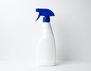 An upright white plastic spray bottle with blue trigger, set against a clean, white background. Its smooth curves suggest easy handling
