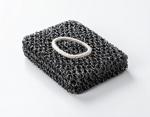 Stacked metal mesh pad with loop, angled view. Shiny black, loop rests atop. Clean background