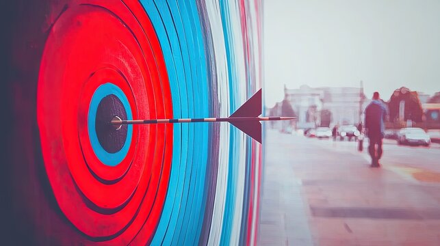 Colorful target with arrow hitting bullseye and city background.