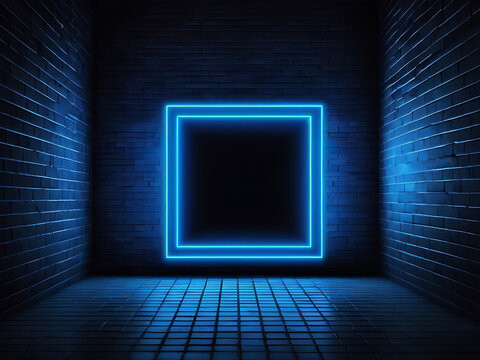 Glowing Neon Blue Square Light Frame on Dark Black Brick Wall with Abstract Modern Texture, Minimal Design, Futuristic Background Pattern, and Copy Space Surface | AI Generated