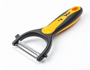 Obraz premium A black and yellow handled kitchen tool designed for peeling fruits and vegetables sits on a plain white background