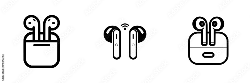 Poster vector illustration of wireless earbuds in various positions showcasing design elements and features