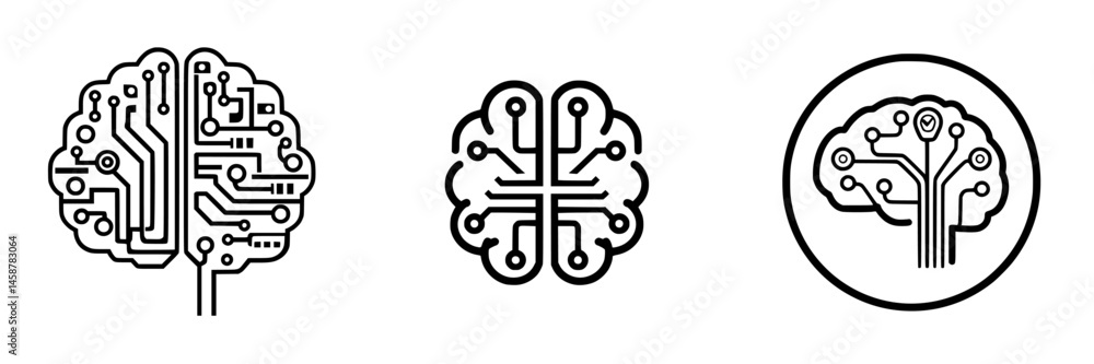 Poster vector illustration of three brain icons incorporating circuit elements to represent technology and 