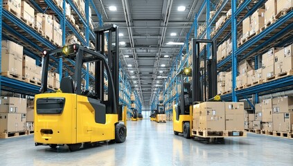 Fototapeta premium Two yellow forklifts move pallets in a large, organized warehouse filled with stacked boxes on high shelves.