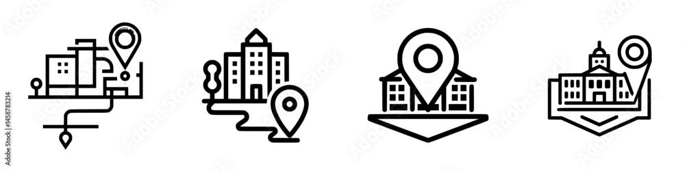 Poster vector illustration icons depicting various location markers for city maps and navigation tools in u