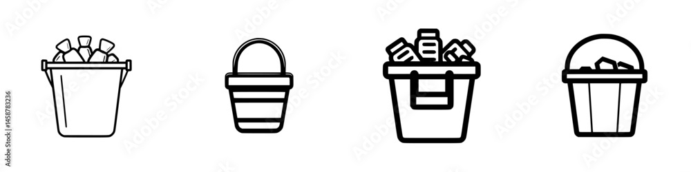 Poster vector illustration icons of various bucket designs filled with different items for creative uses an