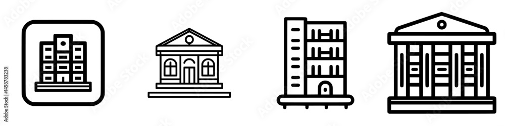 Poster vector illustration icons depicting different architectural styles of buildings and structures in a 
