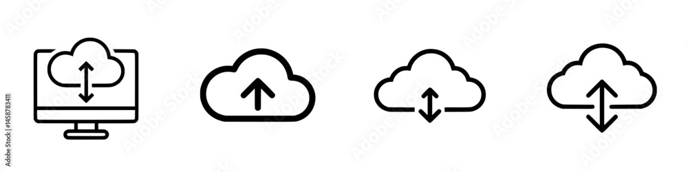 Poster cloud upload and download vector illustration icons representing online data transfer actions in a m