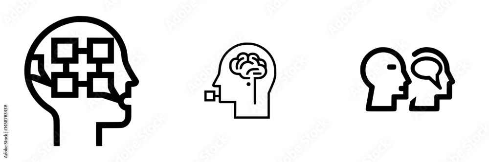 Poster exploring concepts of thought and communication through vector illustrations representing the mind a