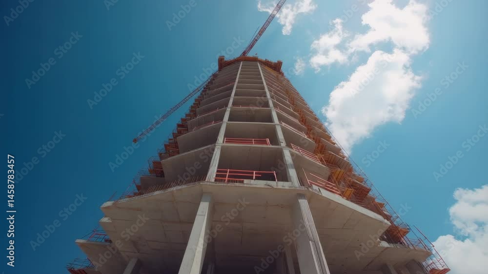 Poster tall construction building development showcasing concrete structure with scaffolding and cranes aga