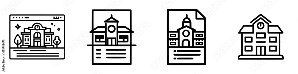 Poster vector illustration icons depicting a building in different formats including website layout, brochu