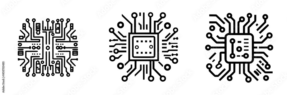 Poster vector illustration of three microchip designs showcasing circuit patterns and connections in a mini