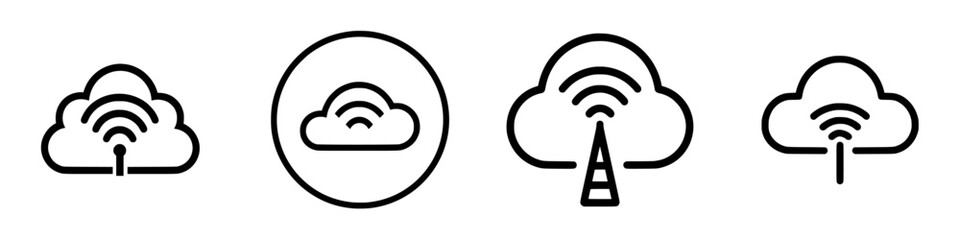 Vector illustration icons of various cloud technology symbols depicting data transmission and connectivity
