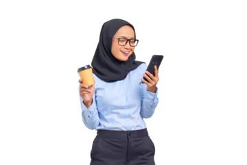 Portrait of smiling young Asian woman using a mobile phone and holding a cup of coffee isolated on transparent background