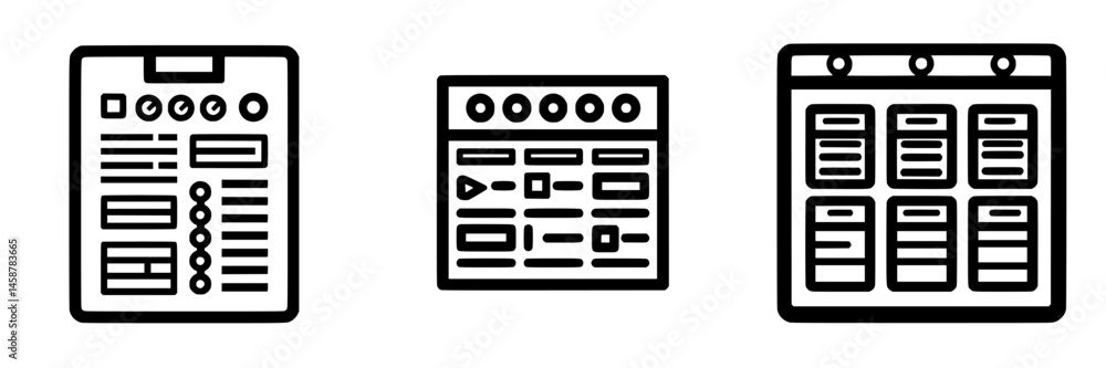 Poster vector illustration of three unique icons representing task management, data organization, and inter