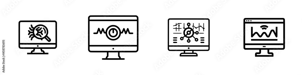 Poster digital vector illustrations of computer screens showing data analysis, chart trends, and search ico