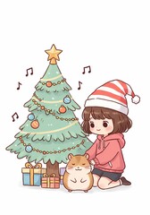 Fototapeta premium Whimsical Christmas Celebration: A Cute Hamster and Girl Embracing the Festive Holiday Season Cartoon Illustration with a Decorated Tree