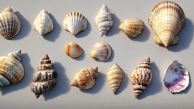 A close-up of a seashell collection on a smooth light gray background.