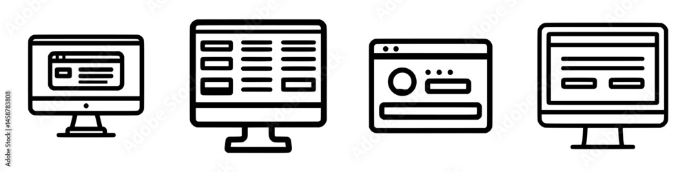 Poster four vector illustration icons depicting different computer screen designs for digital applications 