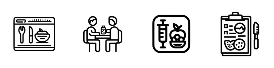 Fototapeta premium Vector illustration icons representing dining, nutrition consultation, healthy eating, and food tracking activities for wellness