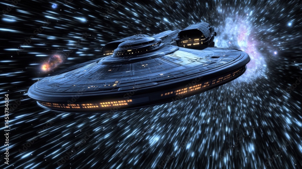 Poster a 3d animated sequence of a spaceship traveling through a galaxy, with stars, nebulae, and planets p