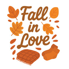 Vector doodle lettering with autumn leaves, blanket and socks in flat cartoon cozy style.