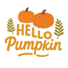 Vector doodle lettering with pumpkins and leaves in warm flat cartoon autumn style.