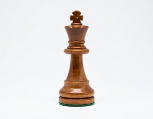 A single, intricately carved wooden chess piece, the king, stands tall against a bright, white background, green felt base