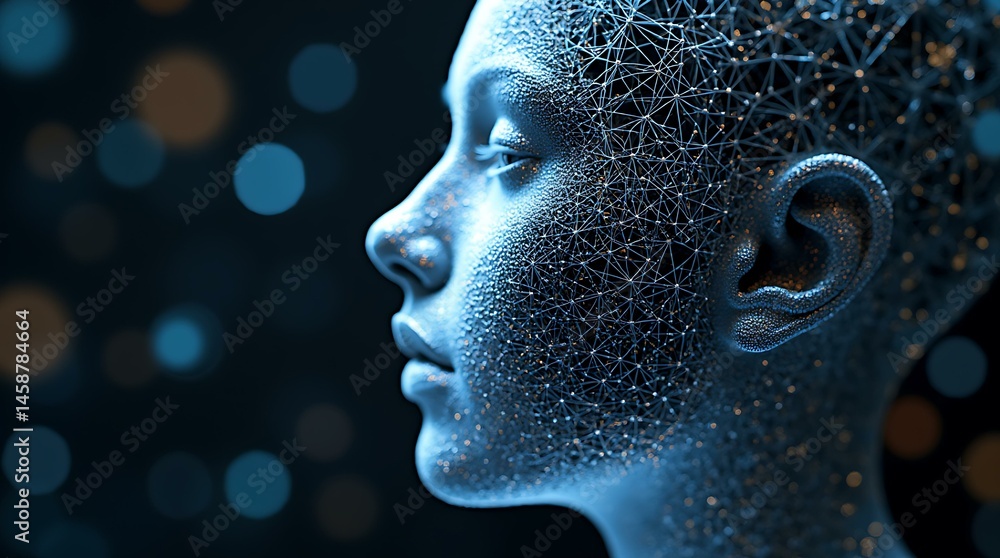 Poster digital brain network overlay on a woman's head illustrating artificial intelligence and machine lea