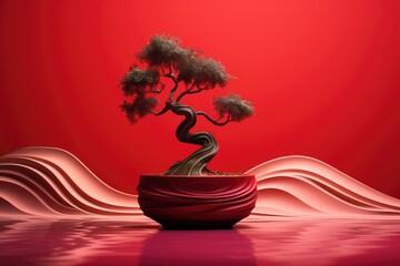Miniature bonsai tree in red ceramic pot on wavy surface with water reflection. Asian garden art concept. Zen meditation and feng shui decorative element for home or office