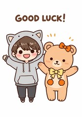 Adorable Cartoon Characters Wishing Good Luck, Featuring a Boy in a Cat-Eared Hoodie and a Charming Teddy Bear for Greeting Cards