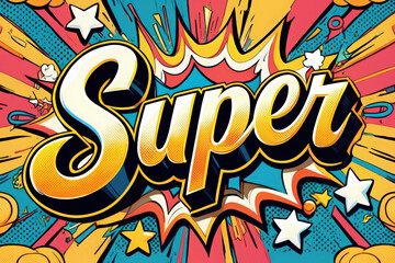 Comic book style illustration featuring bold 'Super' text positioned on the right side of the frame, designed with vibrant colors, halftone textures