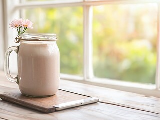 Pink Smoothie in a Mason Jar on Wooden Table by Window