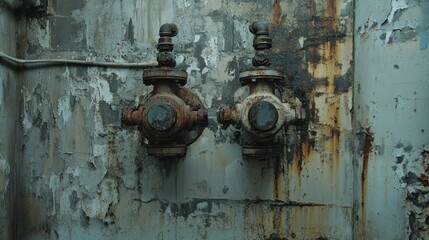 Rusty Industrial Valves on Weathered Wall