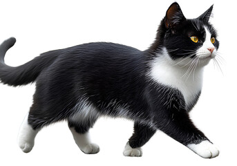 black and white cat walking, transparent background