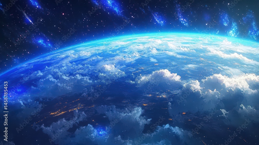 Aufkleber 3d earth viewed from space with a rotating view of continents, surrounded by glowing stars and soft 