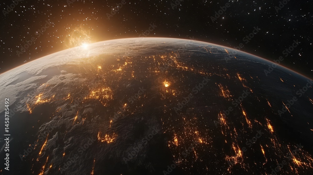 Aufkleber 3d earth viewed from space with a rotating view of continents, surrounded by glowing stars and soft 