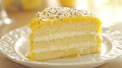 Slice of Coconut Cake with Passion Fruit Sauce, Toasted Coconut, and Poppy Seeds on a White Plate