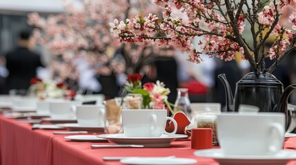 Elegant floral tea party setting on a crimson tablecloth.