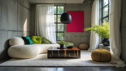 Generative AI, Brutalist Studio Living Room with Tropical Contrast