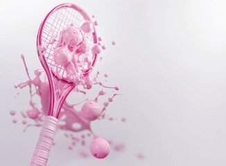 Tennis racket with melting pink ice cream balls on white background