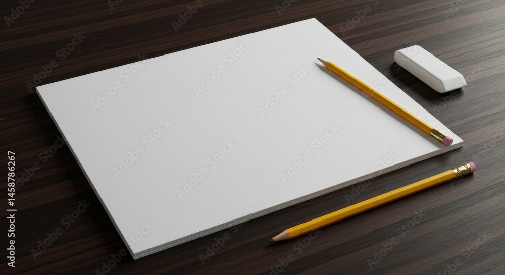 Poster blank notepad with pencils and eraser on dark wooden surface. empty notepad resting on dark wood tab