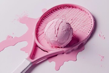 Pink tennis racket with melting pink ice cream ball on white background