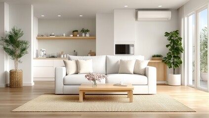 Modern living room with neutral tones, cozy sofa, wooden accents, and indoor plants connecting to a bright open kitchen.