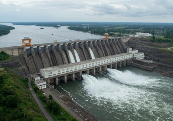 Aerial View of a Large Hydroelectric Dam and River